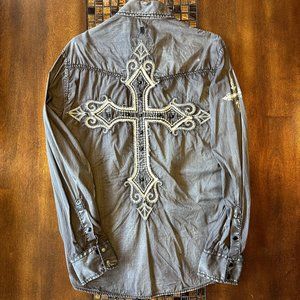 ROAR Men's Med Brown Embroidered Distressed Long Sleeve Button Shirt